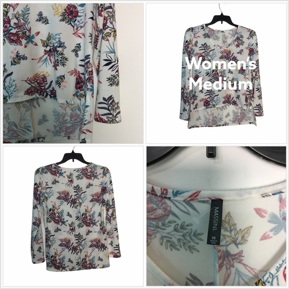 Women’s Massini M Medium 8 - 10 V-Neck Sweater Floral Flowers Colorful Stretch